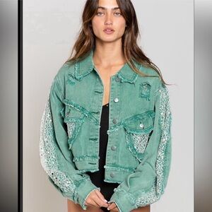 POL Sequin Lace Cropped Denim Jacket
